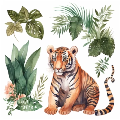 Watercolor sketch of cute vintage tiger, jungle elements, detailed, flat, romantic mood, outline, cozy, warm colors, white background, watercolor, hyperrealism, high detail, isolated elements, set, clipart
