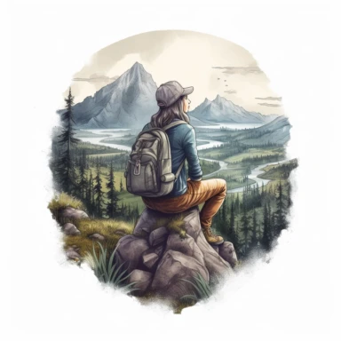 COZY semi-realistic scene of a female hiker , include a wide landscape, extreme wide angle view, transparent background, watercolour clipart illustration style, dreamy, intricate, illustration, detailed , 8k, png, clipart style, deep colours