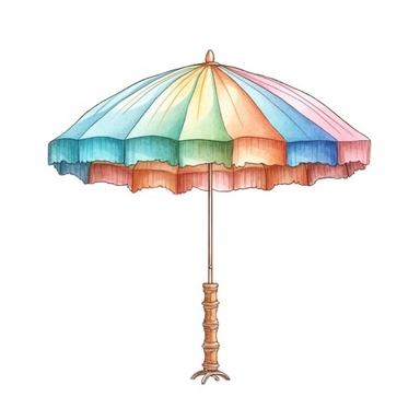 Beach umbrella clipart , boho style, soft pastel colors, watercolor hand painted illustration, in style of anime pen outline, digital painting, isolated on white background