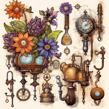 Embark on a creative journey that fuses the whimsy of watercolor with the industrial charm of steampunk, resulting in a unique collection of floral arrangements clipart that commands attention. Employ watercolor as the chosen artistic medium, harnessing its fluidity and transparency to infuse the compositions with an ethereal quality. Draw inspiration from steampunk genres and artists like Sydney Padua and incorporate steampunk motifs such as gears, cogwheels, and brass accents into the floral a