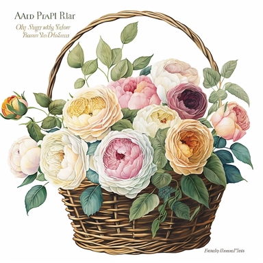 realistic hand painted watercolor of a basket of David Austin English roses, clean white background, clipart