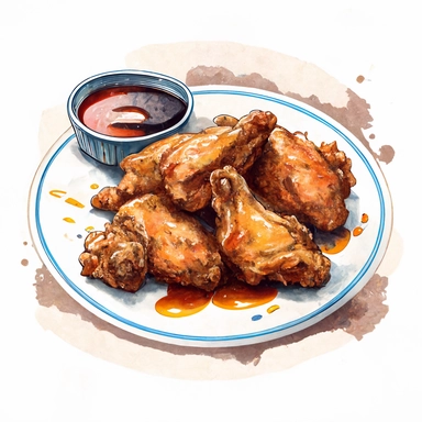 plate of fried chicken wings thighs, legs, ? watercolor and ink painting ? clipart illustration, retro 50s, high detail masterpiece, award winning, american fast food,