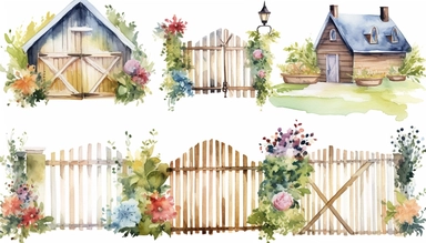 watercolor clipart set illustrations of beautiful intricate country farm wooden gates with flowers on white background