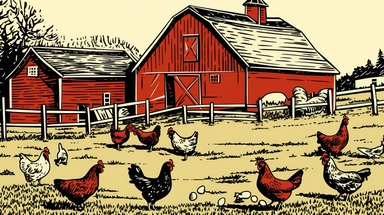 in clipart style, pen and ink, minimalist, in the style of Eric Carle, You are now in a rustic farmyard, surrounded by old wooden barns and fields of lush green grass. In the center of the yard is a small chicken coop, where a group of plump, contented chickens peck at the ground and cluck softly to each other. The coop is made of weathered, sun-bleached wood, with a sloping roof and a small ramp leading up to the entrance. The air is filled with the sweet scent of hay, and the distant sound of 