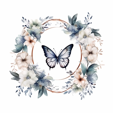 frosty white butterfly clipart with flower border, white background, watercolor, vector