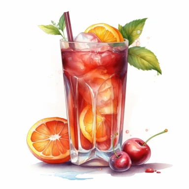 hand drawn fruity cocktail that contains vodka, peach schnapps, orange and cranberry juice and is served in a tall glass cocktail, very detailed and realistic, watercolor, white background with margins, clipart style