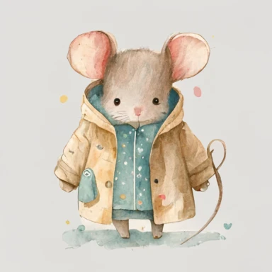 cute watercolor illustration of a mouse wearing a jacket, simple shapes, no lines, no outlines, clipart, trending on artstation, minimalist, watercolor illustration clipart, watercolour clipart, watercolor illlustration for kids and children, book illustration, flat background