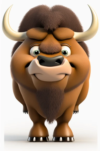 no text, 3d whole body clipart of a smiling, friendly bison, cartoon network style, friendly face, head unproportionally bigger than body, detailed body shape, front shot, insanely big shiny eyes, caricatured face, insanely glossy, plastic like fur and skin, light background, unrealistic, 8k photography, cinematic, super cute face, Photography, Ultra-Wide Angle, Depth of Field, hyper-detailed, beautifully color-coded, insane details, intricate details, Unreal Engine, Cinematic, Editorial Photogr