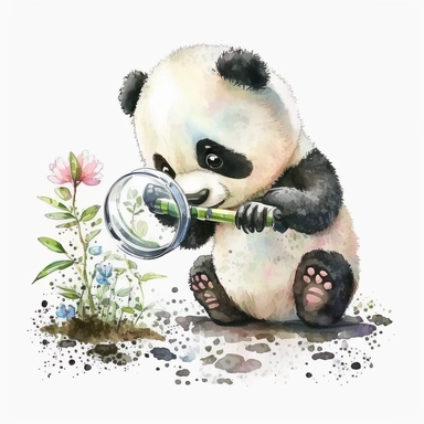 Cute and Happy baby Panda with a magnifying glass examining a bug, Clipart. watercolor style, white background