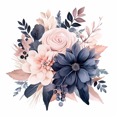 detailed painting of beautiful navy blue and blush pink flowers to be used for wedding clipart