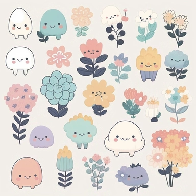 cute clipart of flowers, rounded, white background, kawaii anime style, pastel color blending, funny, elements isolated,