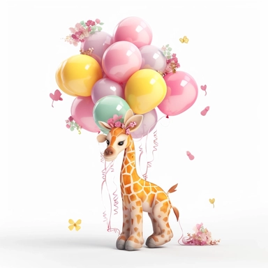 a detailed very colorful vector Clipart image sticker of a beautiful majestic magical floral smilling baby giraffe and pastel pink balloons colors holding balloons with a white background, pastel light colors, fall colours, gold ropes, photorealistic, cinematic, Cinematic, Color Grading, Editorial Photography, Photography, Photoshoot, Shot on 70mm, Ultra-Wide Angle, Depth of Field, DOF, Tilt Blur, Shutter Speed 1/1000, F/22, Gamma, White Balance, Neon, Light, Dark, Light Mode, Dark Mode, High Co