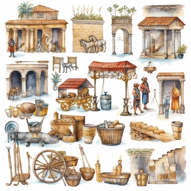 Watercolor roman bazaar with roman people shopping , illustrations clipart set, simple, , cartoon elements, different variants , iron elements, marble elements, separate elements with a margin