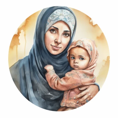 A portrait of a Muslim mother with her hijab carrying her child in her arms in a henne medallion watercolor clipart, realistic,high details, high quality