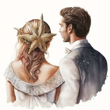 Boho nautical style, wedding bride and groom, back view, seastar, seashell, fantasy, white background, watercolor, hyperrealism, high detail, separate elements, set, clipart