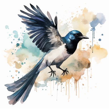An endearing watercolor Eurasian magpie bird clipart of Eurasian magpie bird playing with different elements 300DPI