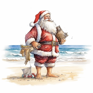 Watercolour of a santa on the beach , Clipart,Cartoon,hyper realistic, intricate detail isolated on a white background, high quality, sublimation, detailed, cartoon style
