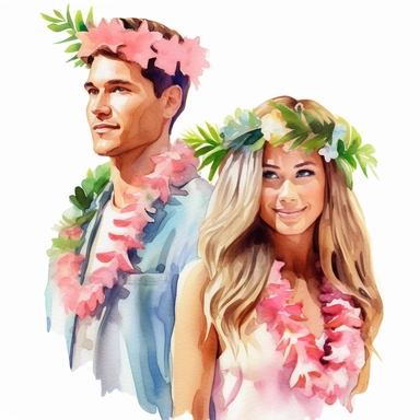 Watercolor wedding clipart of a bride in a beach wedding dress with a flower crown and a groom in a Hawaiian shirt , watercolor style clip art, in the style of light magenta and light emerald