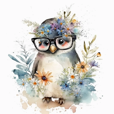 Winter, christmas, white background, watercolor, adorable baby penguin with glasses, clipart, colorful, floral, winter flowers