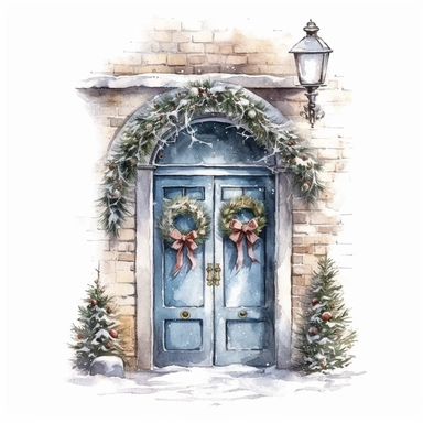 watercolor style, christmas door decorated with a circular christmas wreath, clipart, isolated on white background, 4K