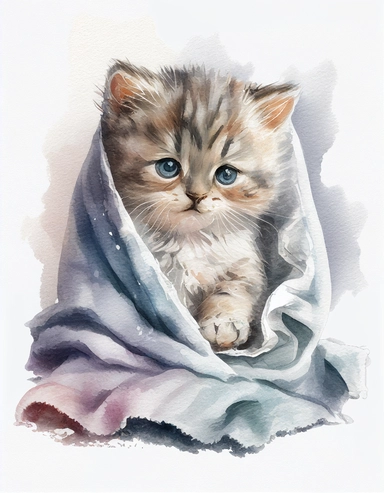 baby cat in a blanket, watercolor clipart, transparent background