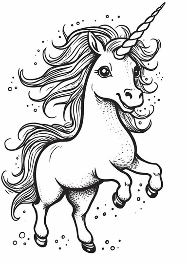 coloring page of Adorable unicorn galloping over the rainbow, white background, clipart, simple, black and white, cute, little details, for children,