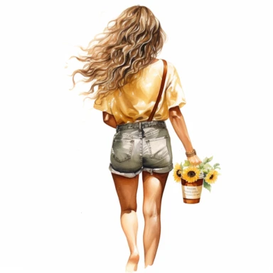 seed 2896971917 smiling girl clipart in the style of watercolor, pictured from behind, with one hand in her back pocket, with a starbucks coffee mug in her other hand, from the waist up, clipart in the style of watercolor, bees in the air