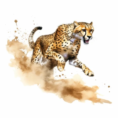 realistic watercolor cheetah running full speed while dodging rocks on the dry african land on solid white background, clipart