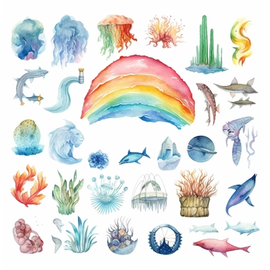 several high resolution watercolor clipart rainbow sea items that are isolated on a white background — chaos 100