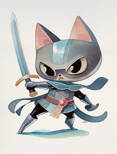beautifully colored, beautifully illustrated anthropomorphic self defense cat , with a cast shadow , beautiful gouache painting, chibi clipart with a cast shadow on white background, beautiful gouache painting, , watercolor art by concept art by Ken Sugimori art by cory loftis art by cory loftis