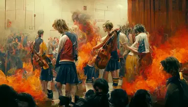 wide shot. Kurt Cobain from behind plays the cello in a high school's gym that is on fire. a group of cheerleaders dances. some boys fight. lots of smoke. fire is everywhere. Inspired by Nirvana's video clip. like in a Pierre klossowski painting.