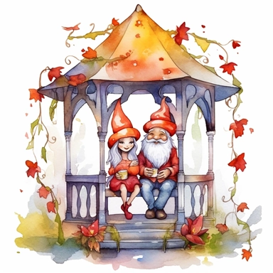 Watercolor magical gnome couple sitting in a gazebo watercolor clipart on white background, vivid colors, enchanting scene clipart on a white background in the style of feminine sticker art, Tanya Shatseva, storybook illustration, red, white and caramel tones, Georgia O'Keeffe, colored line art, colored outlines, cottagecore design, watercolor on white background, crisp tones, sticker outline, colored line art, colored outlines, iridescent ombre, gradient shading, pure tone, vibrant digital art 