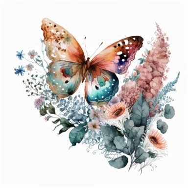 beautiful butterfly with flowers watercolor clipart illustration, transparent background