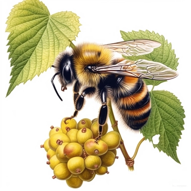 Fluffy Bumblebee on a grapevine, highly detailed, acrylic paint, 16k, realistic, isolated on a white background, clipart