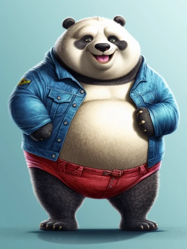 Obese panda with smiley t-shirt. Clipart-style. High detailed. Color contrast. Super-Resolution
