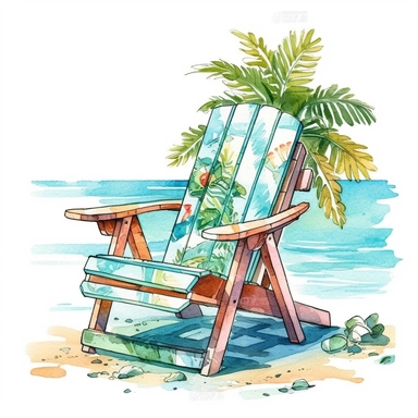 Cute Beautiful Beach Chair Tropical Watercolor Sublimation Clipart,Cartoon, hyper realistic, intricate detail, illustration style,high solution,on the white background