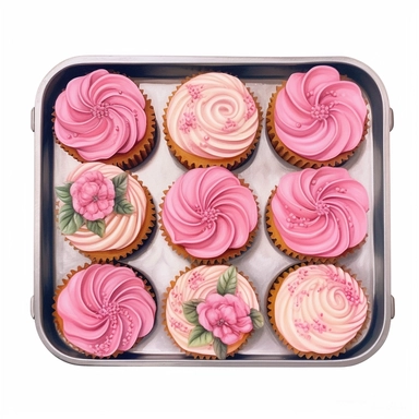 watercolor ultra realistic and hyper detailed illustration of a tray with vintage pastel pink flower cupcakes, clipart, white background