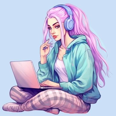 fashion illustration cute woman with hair in a bun working on a laptop with pastel long hair full body clipart