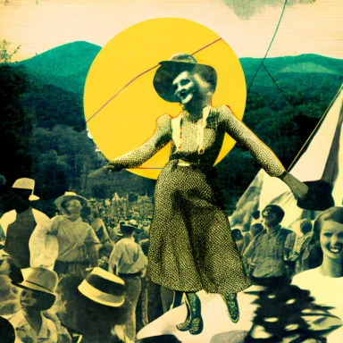 2:3 Raoul Hausmann style collage of a vintage lindi hop dance on top of the appalachian mountains with a light orb held by the hands of God spreading a laserbeam light thread over the city of asheville north carolina into the hands of a croud of people during a retro inspired futuristic world fair while a parade of robot cowboys and cowgirls parade through the streets with horses with camera heads bucking wildly and a new orleans style second line dancing on top of a 1980's boombox, 2:3, black a