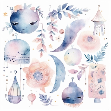 watercolor clipart of cute sweet dreams decor set, half moon sleeping, cute objects, soft watercolor, watercolor paper texture, no background. clear simple shapes.Adorable. High quality
