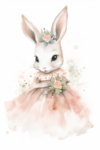 Watercolor Clipart, A cute baby bunny in a wedding dress, isolated white background