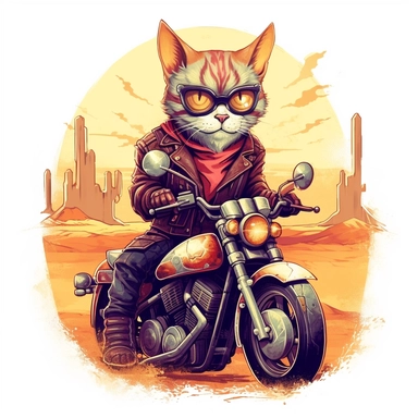 Create a clipart of a grim cat with glasses in a leather jacket and riding a vintage motorcycle. Strong and vibrant colors. In the style of Uderzo. Desert landscape before a White Background, soft lighting.