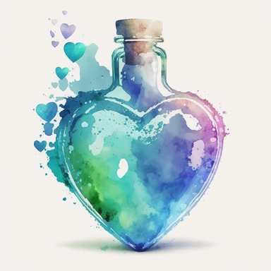 Watercolor potion bottle: Paint a half empty, heart shaped, glass potion bottle with cerulean colored liquid. Use watercolors to create a soft, dreamy effect. Clipart. Sticker. White background.