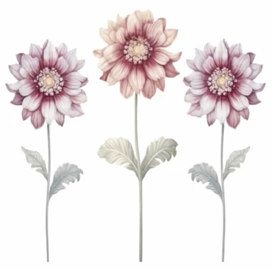 Design a dreamy watercolor clipart of Dahlia bouquets with greenery tied with lace, with soft and graceful brushstrokes in a delicate color palette of Burgundy, dusty blue, and ivory. Infuse the artistic style of Serenity Blooms Watercolors for a serene and calming depiction. isolated on a white background, 8k uhd, designed by Ana Victoria Calderon and Holly Exley,