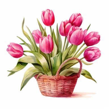 watercolor clipart of hot pink tulips in a basket, in the style of uhd image, high detailed, stock photo, colorful realism, ornate still lifes, isolated on flat white background, no shadow