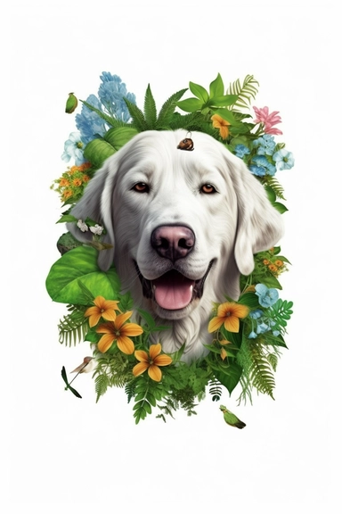 white background, dog, 3d, super closeup, sticker, photorealistic, artwork of t shirt graphic of majestic forest, in digital painting style , beautiful flowers, sunset mountains and clouds , big vines, plants sorround, highly detailed clean, vector image,