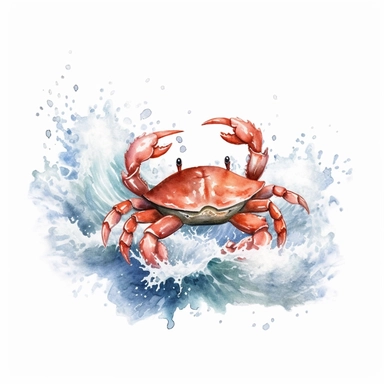 Watercolor hand-drawn crab illustration - jumping up from the foamy ocean wave, playful, happy mammal. Character, logo, children wallpaper, doodle, cartoon. Marine clip art. Ocean, sea inhabitant. White Background