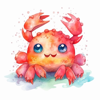 watercolor adorable kawaii crab character kawaii, isolated, kawaii,digital art,detailed, concept,art,8k,hd,on white background,clipart