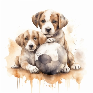 Watercolor puppies playing, with ball that resembles a world globe Clipart - cute dogs , Colour of brindle brown and cream, white background, vector art, high definition, clip art, ar 2:2