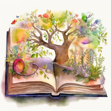 Create a watercolor clipart of an open book on a white background, with a nature-themed fantasy twist. The book should be filled with imagery that is inspired by the natural world and has a magical element, such as a treehouse in the forest, a magical garden with talking animals, or a river that leads to a hidden land. Use soft, natural colors and loose brushstrokes to create a watercolor effect. The open book should be centered in the piece, with a subtle drop shadow to give it depth.